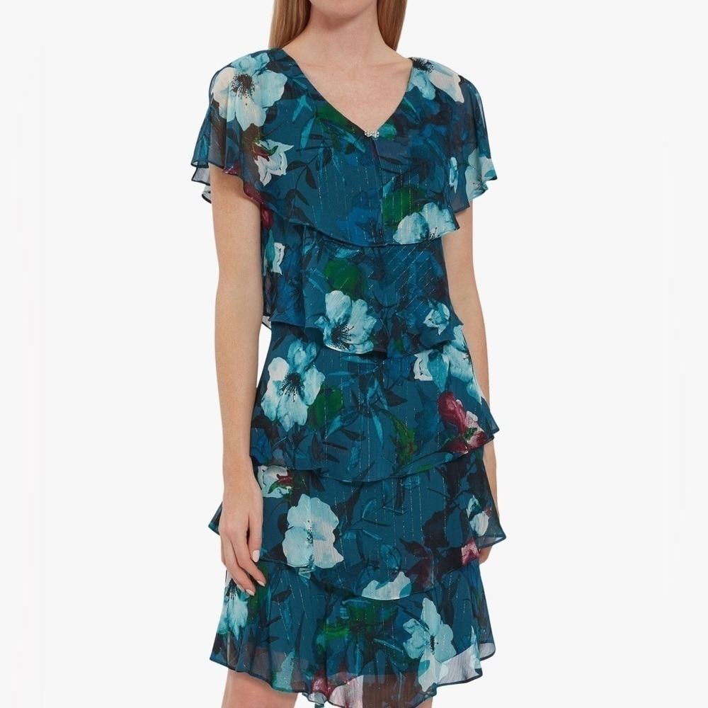 SLNY Blue and Pink Flutter Sleeve Midi Dress